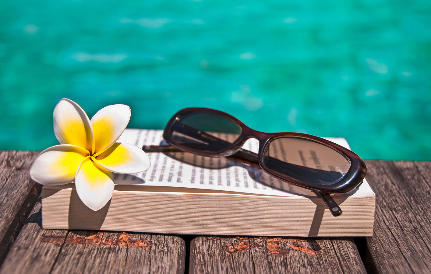 Buch mit einer Sonnenbrille und einer Blumen liegen an einem Poolrand